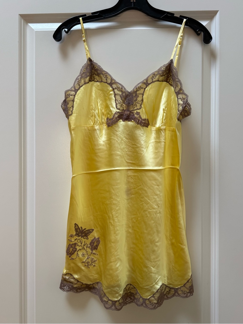 Gold Hawk 100% Silk Yellow Camisole with Brown Lace & Embroidery